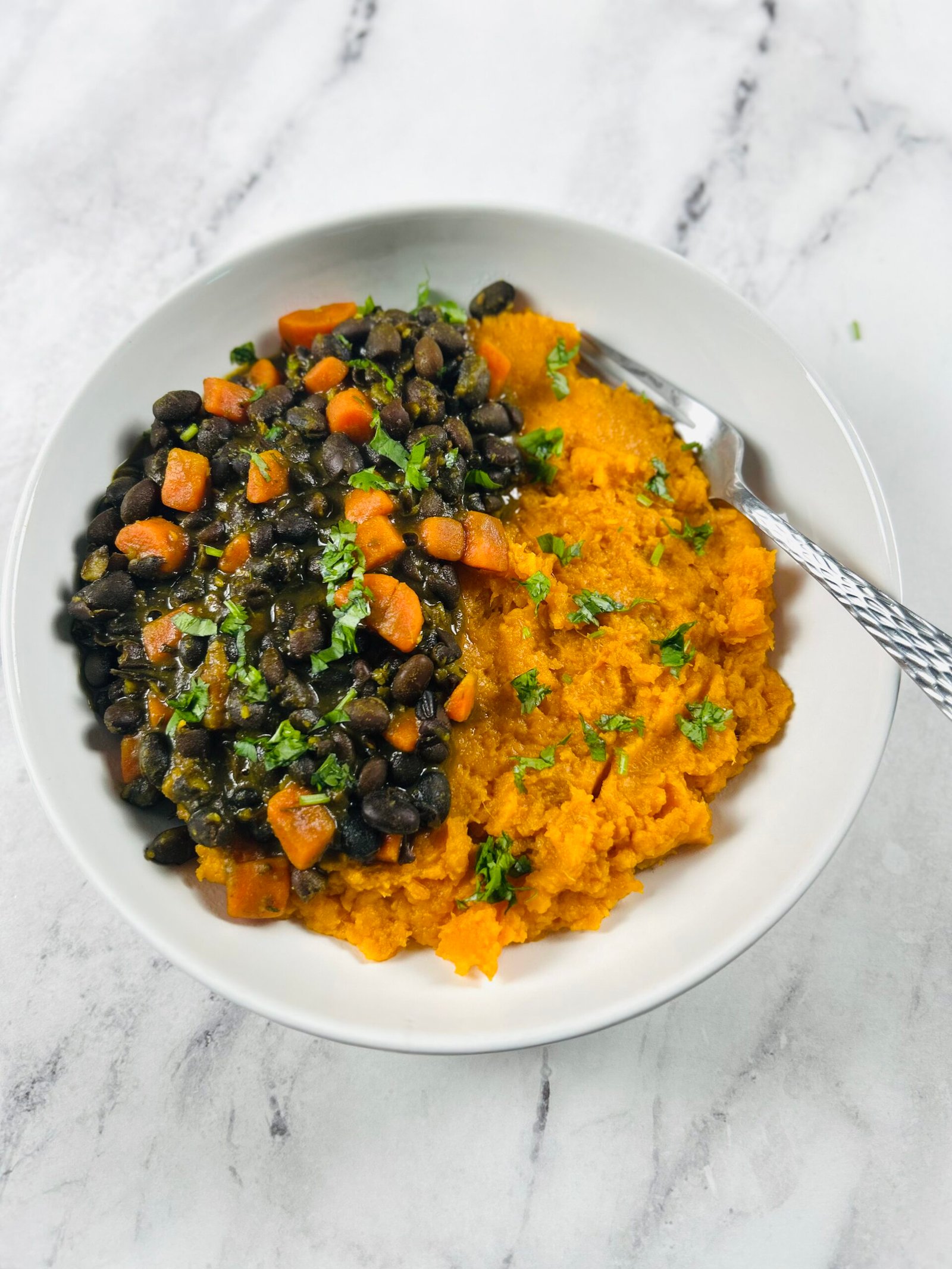 Mashed sweet potato and black bean stew