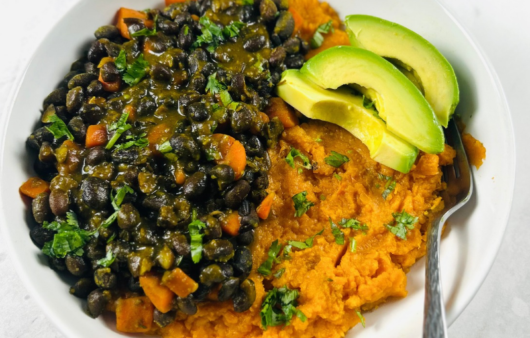 Mashed sweet potato and black bean stew